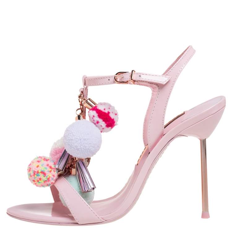 مملوكة مسبقًا Sophia Webster Pink Patent Leather Layla Pom Pom Embellished T Strap Sandals Size 38