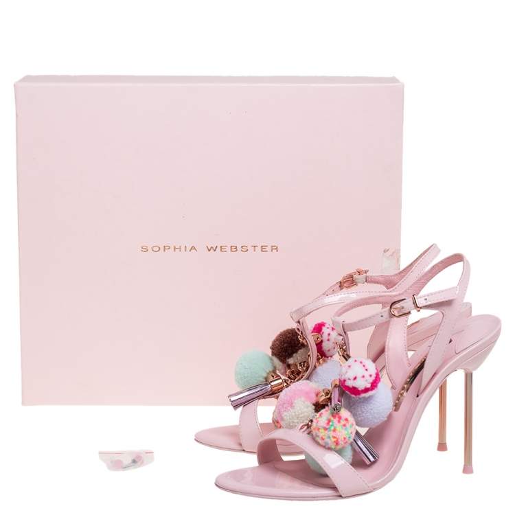 مملوكة مسبقًا Sophia Webster Pink Patent Leather Layla Pom Pom Embellished T Strap Sandals Size 38