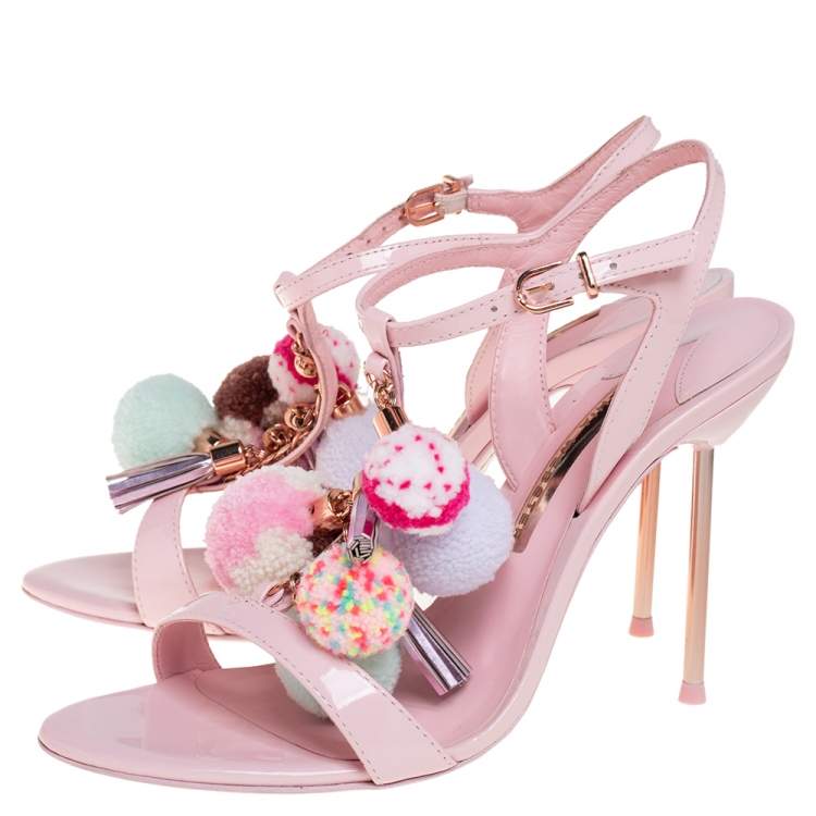 مملوكة مسبقًا Sophia Webster Pink Patent Leather Layla Pom Pom Embellished T Strap Sandals Size 38