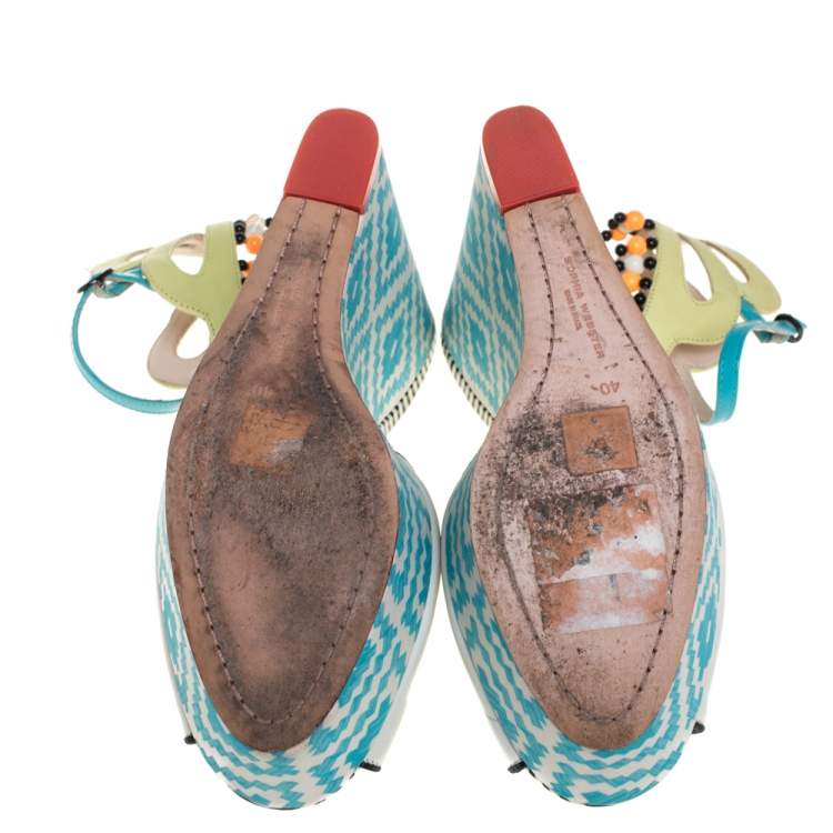 Pre Owned Sophia Webster Multicolor Printed Canvas and Leather Wedge Sandals Size 40