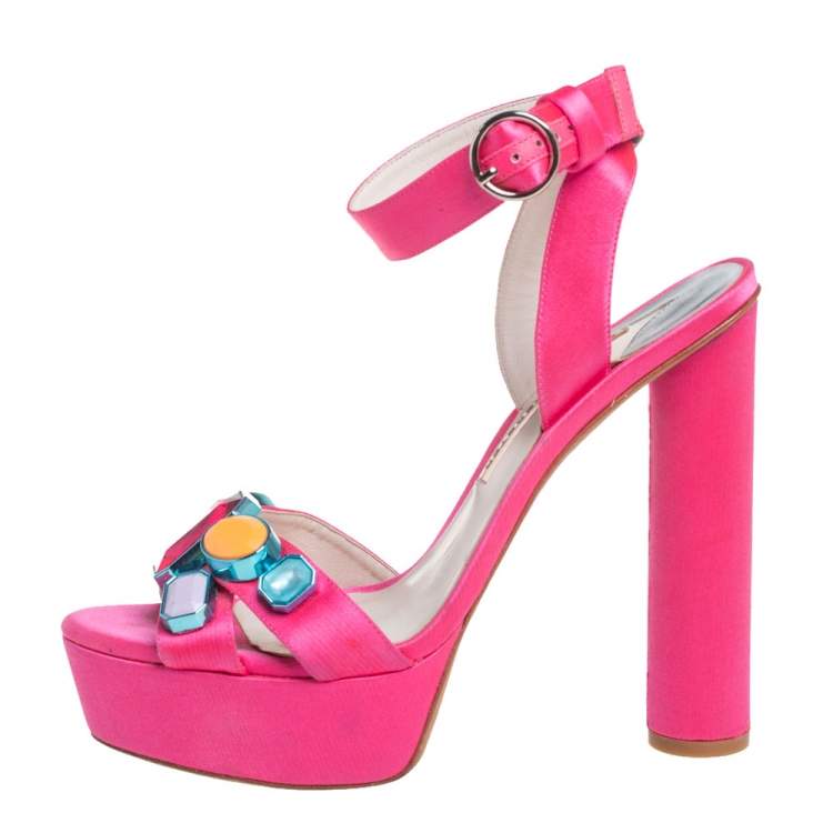 Pre Owned Sophia Webster Pink Satin Amanda Crystal Embellished Platform Ankle Strap Sandals Size 40