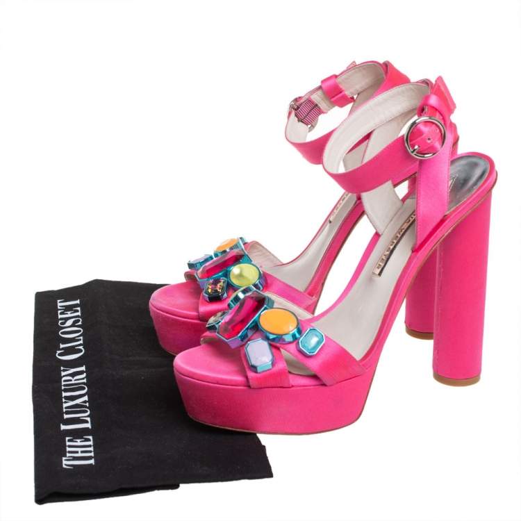 Pre Owned Sophia Webster Pink Satin Amanda Crystal Embellished Platform Ankle Strap Sandals Size 40