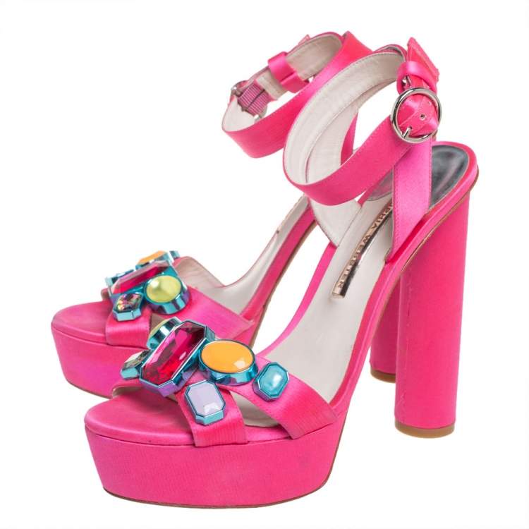 Pre Owned Sophia Webster Pink Satin Amanda Crystal Embellished Platform Ankle Strap Sandals Size 40