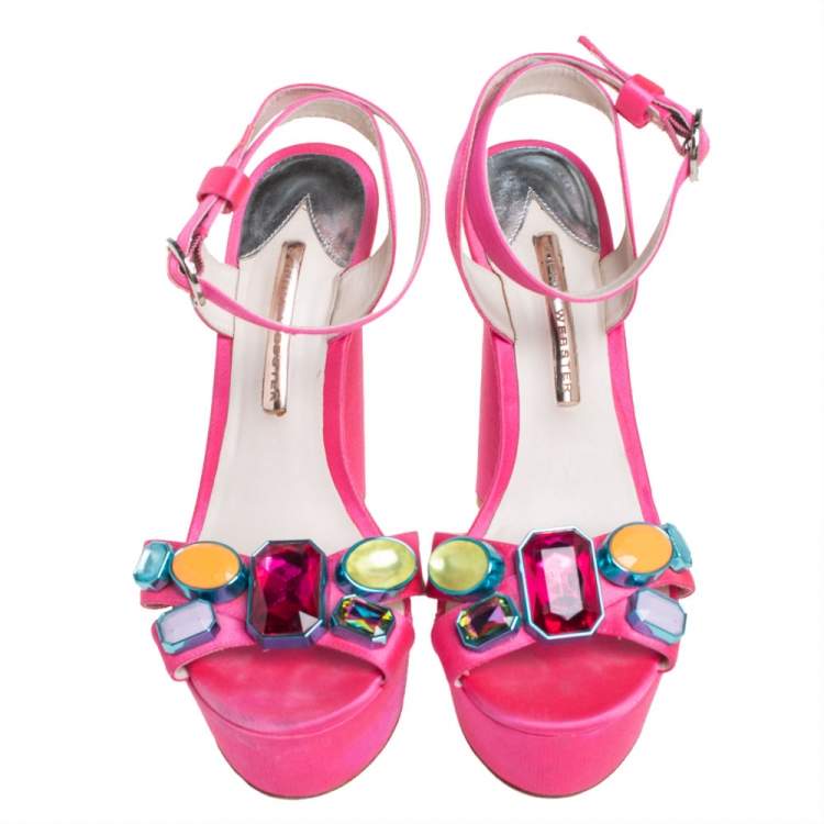 Pre Owned Sophia Webster Pink Satin Amanda Crystal Embellished Platform Ankle Strap Sandals Size 40