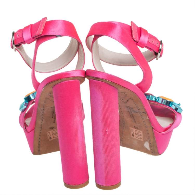 Pre Owned Sophia Webster Pink Satin Amanda Crystal Embellished Platform Ankle Strap Sandals Size 40