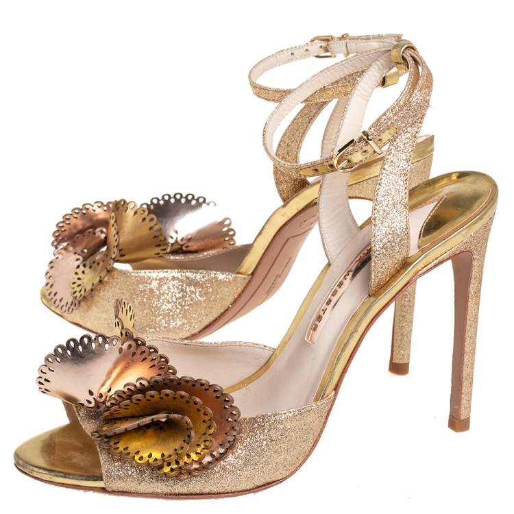 Pre Owned Sophia Webster Metallic Gold Leather and Shimmery Fabric Ankle Strap Sandals Size 39