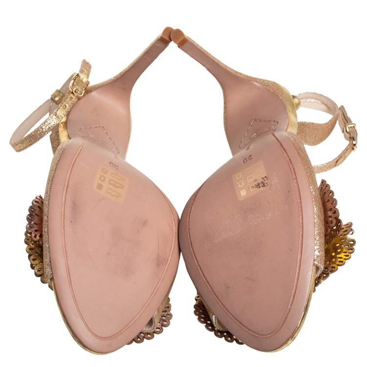 Pre Owned Sophia Webster Metallic Gold Leather and Shimmery Fabric Ankle Strap Sandals Size 39