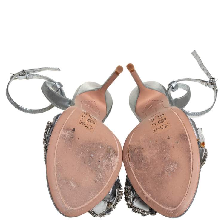 Pre Owned Sophia Webster Silver Leather Crystal Embellished Slingback Sandals Size 36.5