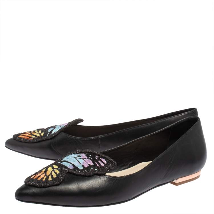 Pre Owned Sophia Webster Black Leather Bibi Butterfly Ballet Flats Size 37