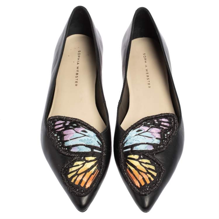 Pre Owned Sophia Webster Black Leather Bibi Butterfly Ballet Flats Size 37