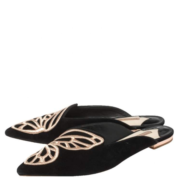 مملوكة مسبقًا Sophia Webster Black Suede Bibi Butterfly Embroidered Flat Mules Size 38.5