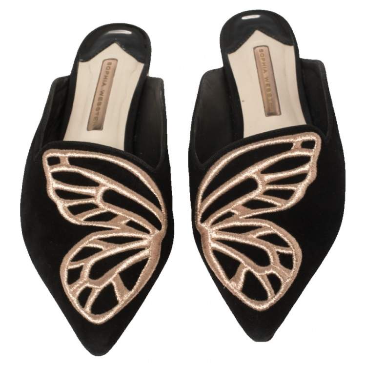 مملوكة مسبقًا Sophia Webster Black Suede Bibi Butterfly Embroidered Flat Mules Size 38.5