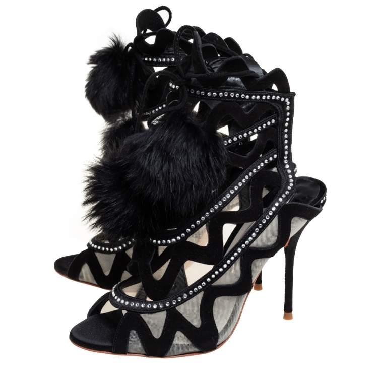 Pre Owned Sophia Webster Black Suede And Mesh Crystal Embellished Mila Sandals Size 38.5