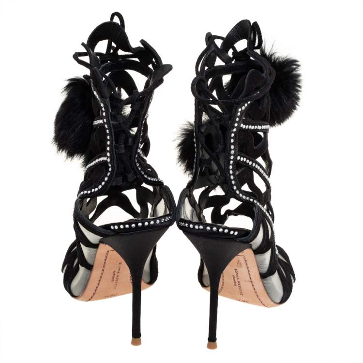 Pre Owned Sophia Webster Black Suede And Mesh Crystal Embellished Mila Sandals Size 38.5