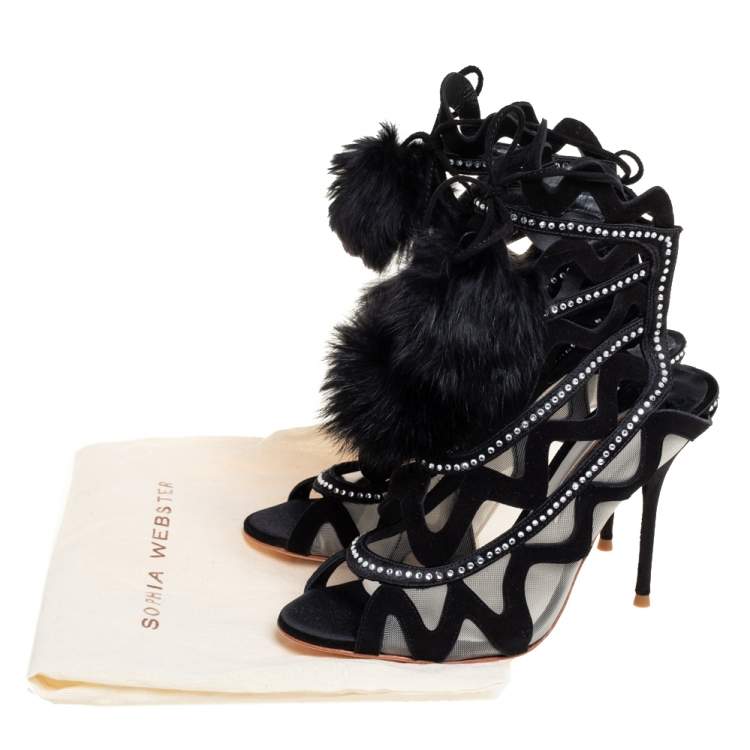 Pre Owned Sophia Webster Black Suede And Mesh Crystal Embellished Mila Sandals Size 38.5