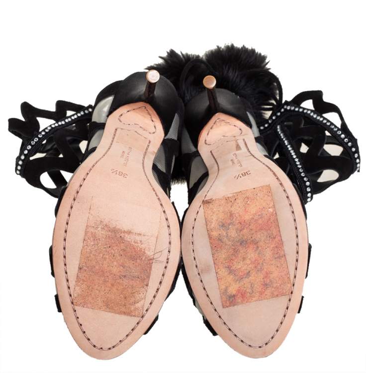 Pre Owned Sophia Webster Black Suede And Mesh Crystal Embellished Mila Sandals Size 38.5