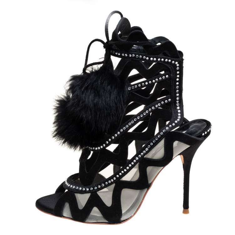 Pre Owned Sophia Webster Black Suede And Mesh Crystal Embellished Mila Sandals Size 38.5