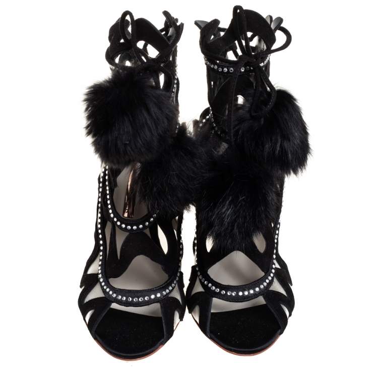 Pre Owned Sophia Webster Black Suede And Mesh Crystal Embellished Mila Sandals Size 38.5