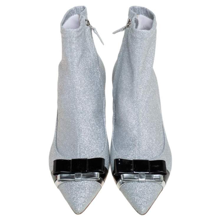 Pre Owned  Sophia Webster Silver Glitter Fabric Andie Bow Ankle Booties Size 38