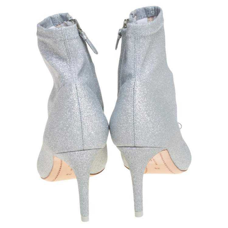Pre Owned  Sophia Webster Silver Glitter Fabric Andie Bow Ankle Booties Size 38
