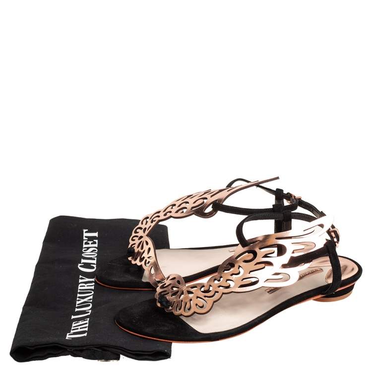 Pre Owned Sophia Webster Gold/Black Patent Leather And Suede Bibi Butterfly Flat Sandals Size 38