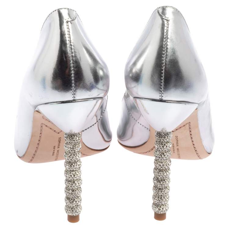 Pre Owned Sophia Webster Metallic Silver Patent Leather Coco Embellished Pointed Toe Pumps Size 38.5