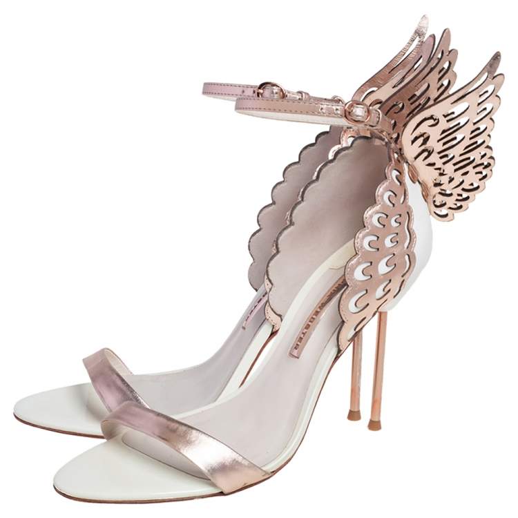 Pre Owned Sophia Webster White/Rose Gold Leather Evangeline Laser Cut Angel Wing Ankle Strap Sandals Size 40.5