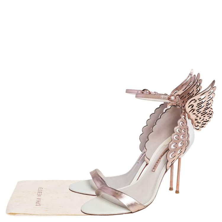 Pre Owned Sophia Webster White/Rose Gold Leather Evangeline Laser Cut Angel Wing Ankle Strap Sandals Size 40.5