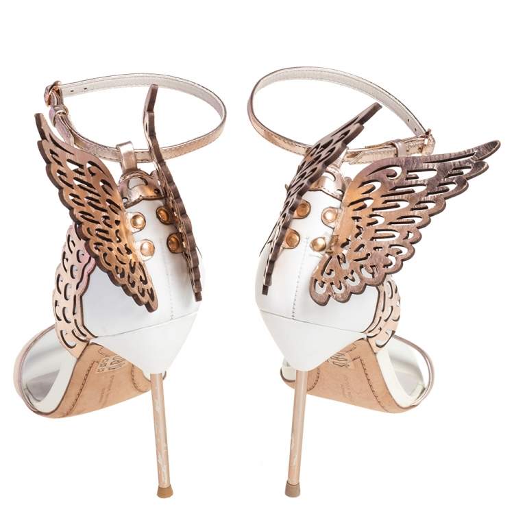 Pre Owned Sophia Webster White/Rose Gold Leather Evangeline Laser Cut Angel Wing Ankle Strap Sandals Size 40.5