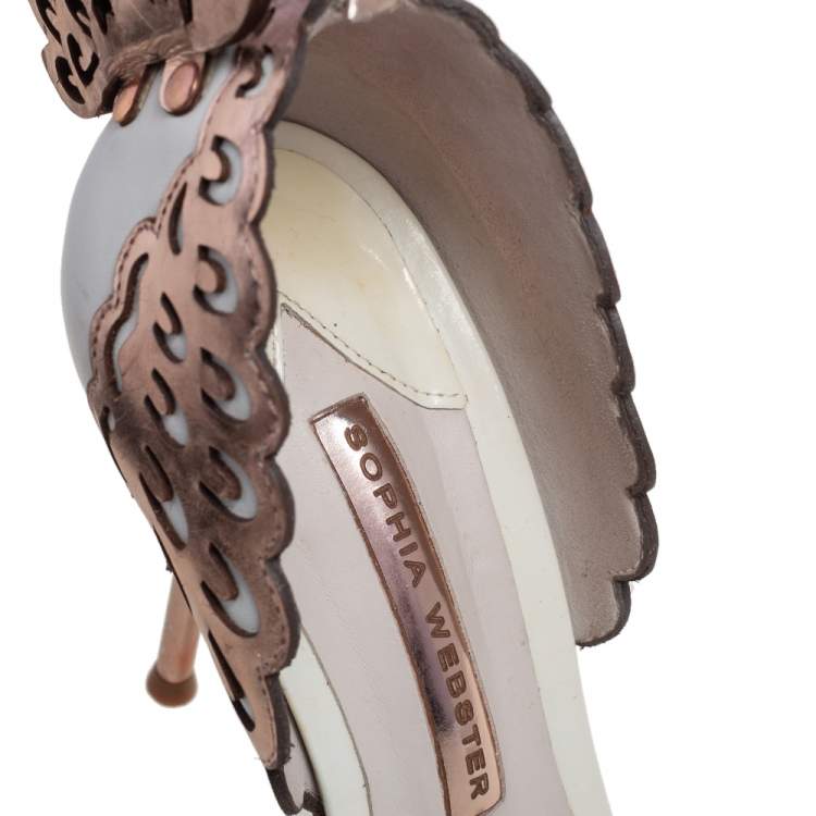 Pre Owned Sophia Webster White/Rose Gold Leather Evangeline Laser Cut Angel Wing Ankle Strap Sandals Size 40.5