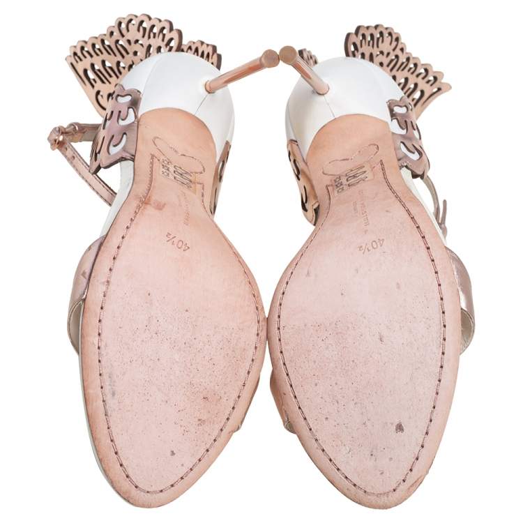 Pre Owned Sophia Webster White/Rose Gold Leather Evangeline Laser Cut Angel Wing Ankle Strap Sandals Size 40.5
