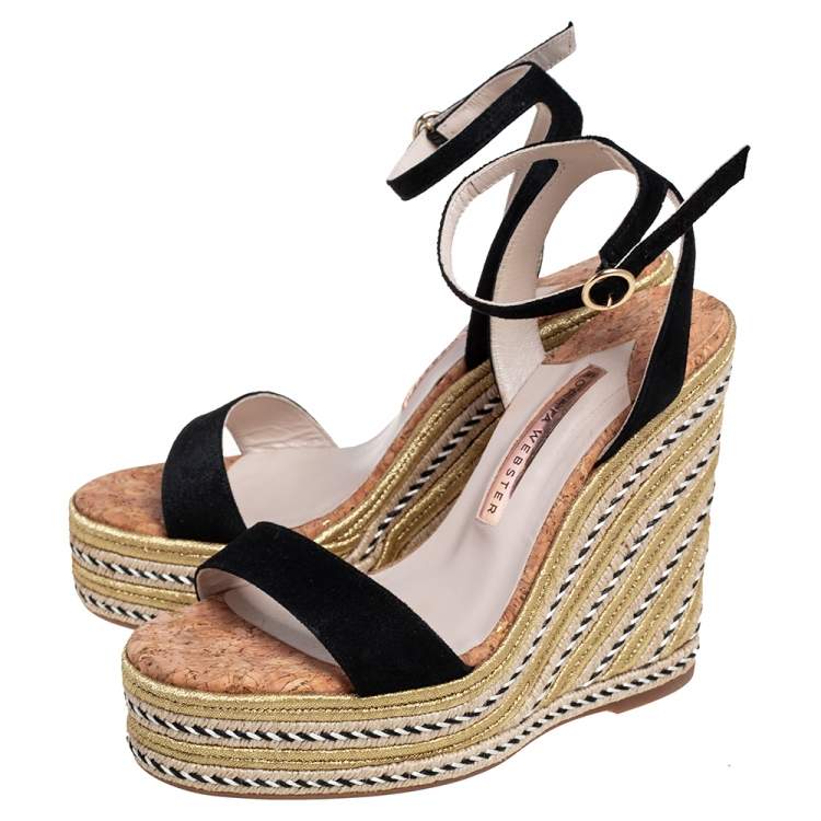 Pre Owned Sophia Webster Black/Gold Suede Lucita Espadrille Wedges Size 38.5