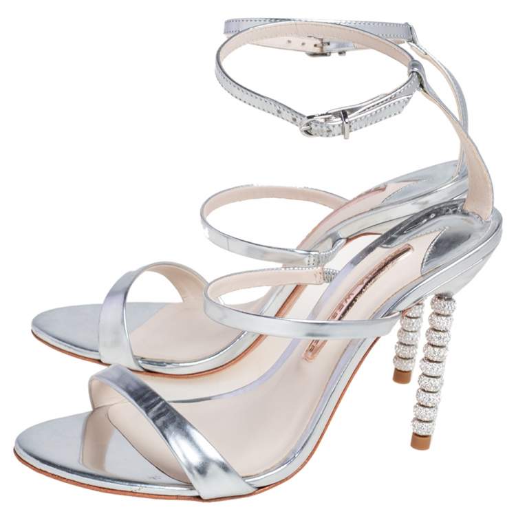Pre Owned Sophia Webster Silver Leather Rosalind Crystal Heel Ankle Strap Sandals Size 38