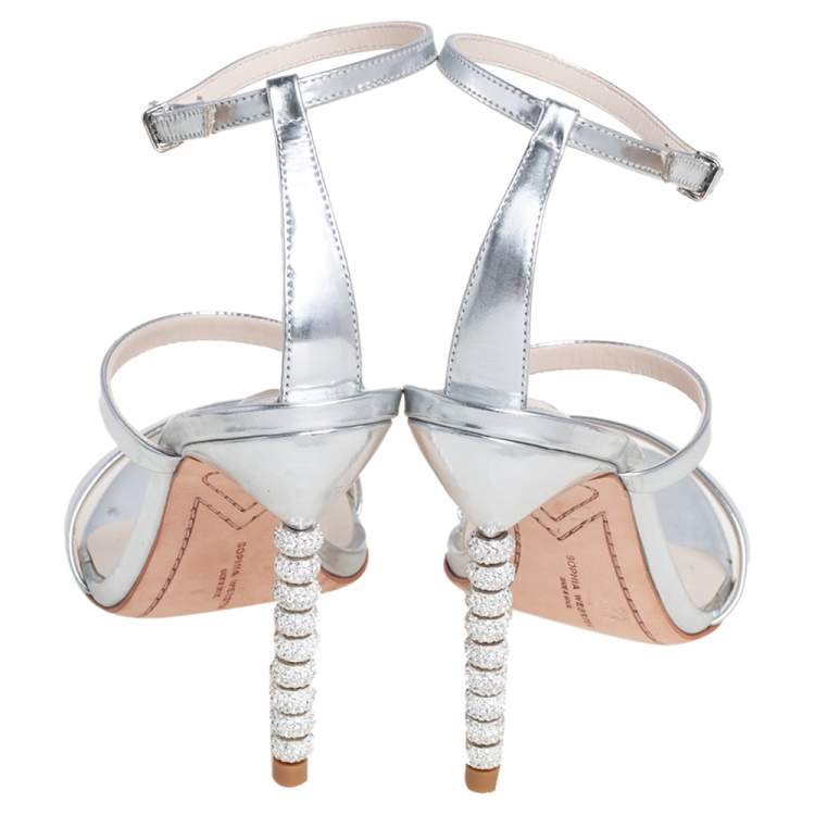 Pre Owned Sophia Webster Silver Leather Rosalind Crystal Heel Ankle Strap Sandals Size 38