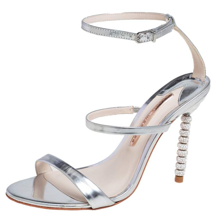 Pre Owned Sophia Webster Silver Leather Rosalind Crystal Heel Ankle Strap Sandals Size 38