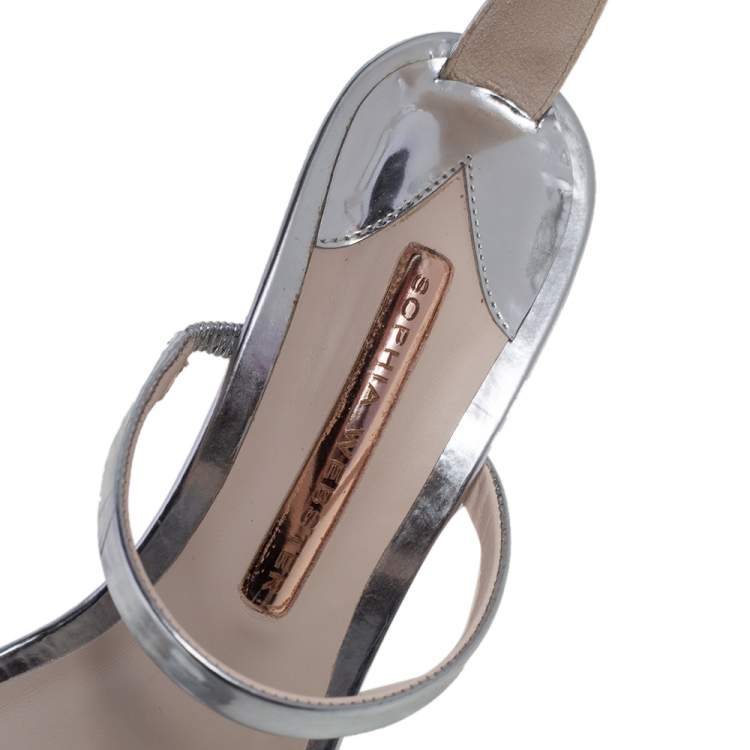 Pre Owned Sophia Webster Silver Leather Rosalind Crystal Heel Ankle Strap Sandals Size 38