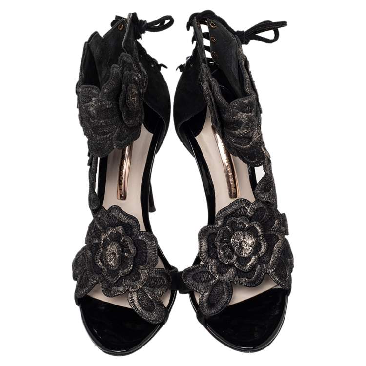 Pre Owned Sophia Webster Black Lace And Suede Winona Floral Embroidered Ankle Cuff Sandals Size 41