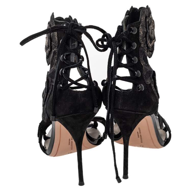 Pre Owned Sophia Webster Black Lace And Suede Winona Floral Embroidered Ankle Cuff Sandals Size 41