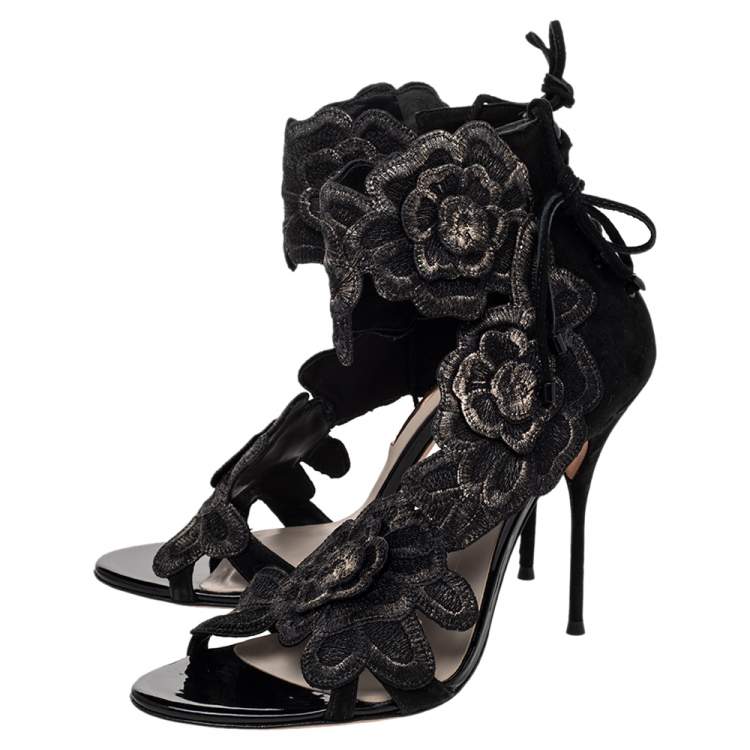 Pre Owned Sophia Webster Black Lace And Suede Winona Floral Embroidered Ankle Cuff Sandals Size 41