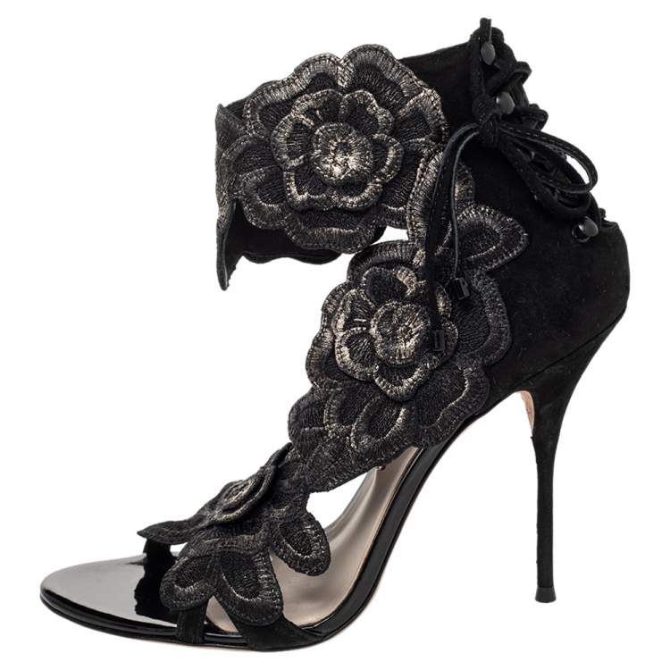 Pre Owned Sophia Webster Black Lace And Suede Winona Floral Embroidered Ankle Cuff Sandals Size 41