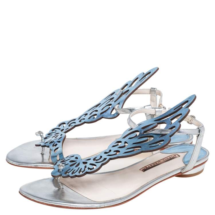 Pre Owned Sophia Webster Metallic Blue Leather Bibi Butterfly Flat Sandals Size 41