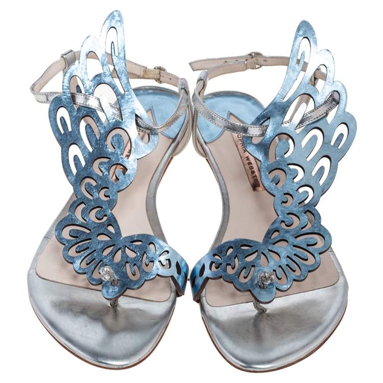Pre Owned Sophia Webster Metallic Blue Leather Bibi Butterfly Flat Sandals Size 41