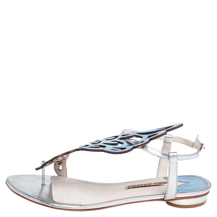 Pre Owned Sophia Webster Metallic Blue Leather Bibi Butterfly Flat Sandals Size 41