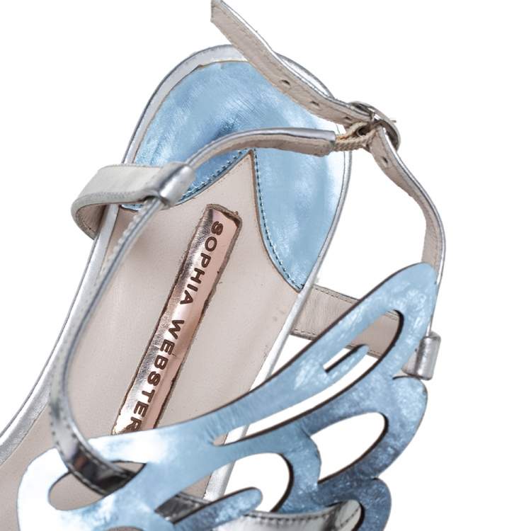 Pre Owned Sophia Webster Metallic Blue Leather Bibi Butterfly Flat Sandals Size 41
