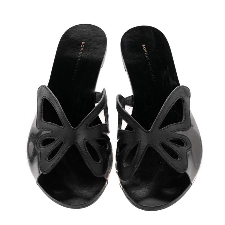 مملوكة مسبقًا Sophia Webster Black Leather And PVC Madame Butterfly Flat Slides Size 38