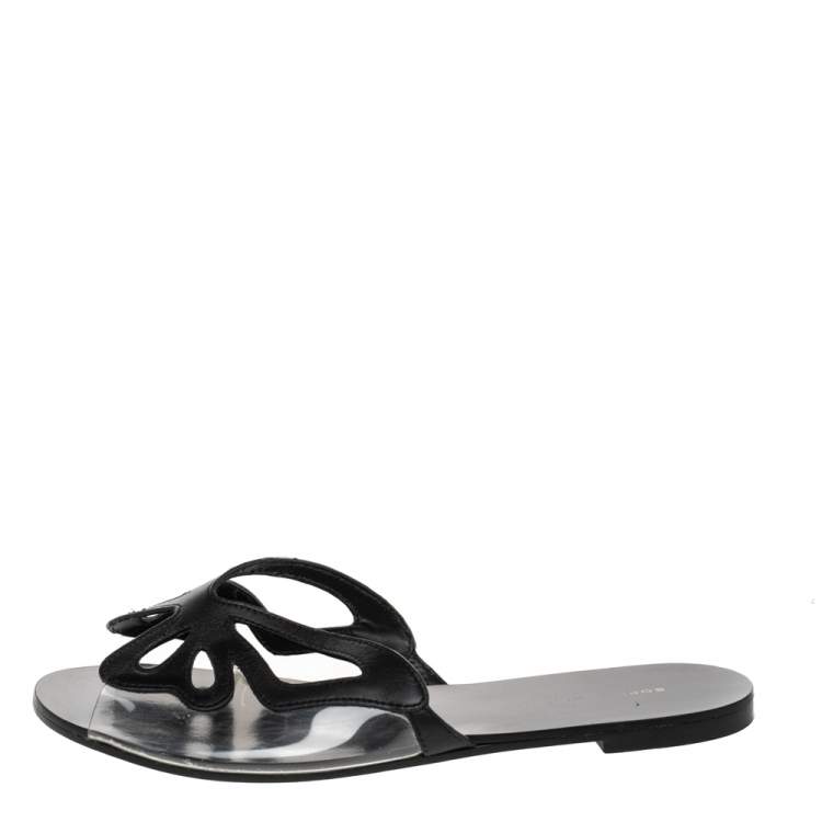 مملوكة مسبقًا Sophia Webster Black Leather And PVC Madame Butterfly Flat Slides Size 38
