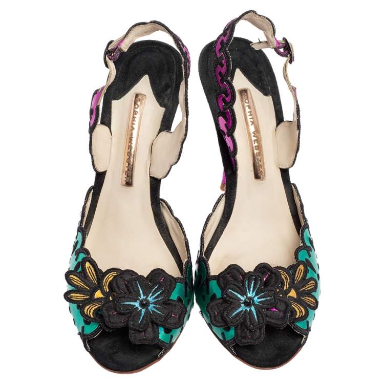Pre Owned Sophia Webster Multicolor Suede and Coated Fabric Floral Applique Slingback Sandals Size 39
