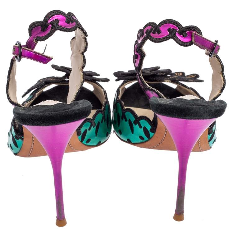 Pre Owned Sophia Webster Multicolor Suede and Coated Fabric Floral Applique Slingback Sandals Size 39