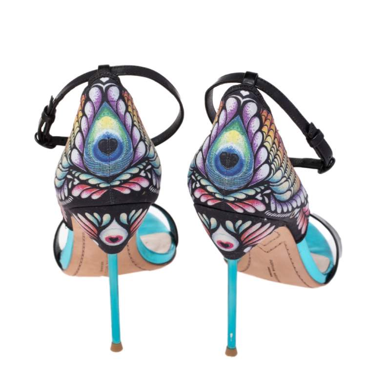 Pre Owned Sophia Webster Black Patent Leather And Peacock Print Fabric Flutura Ankle Strap Sandals Size 41