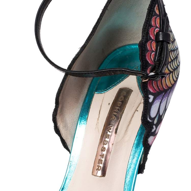 Pre Owned Sophia Webster Black Patent Leather And Peacock Print Fabric Flutura Ankle Strap Sandals Size 41
